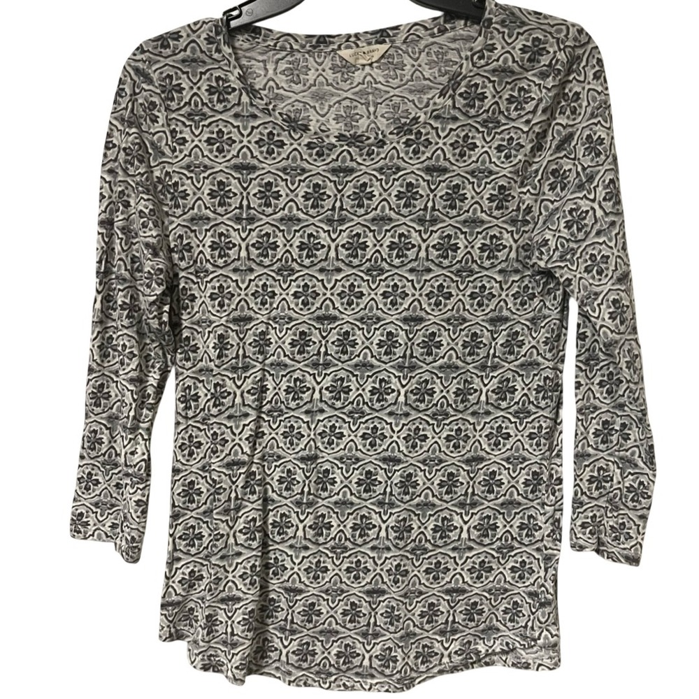 Lucky Brand Gray White Geometric Floral Medallion 3/4 Sleeve Top Women's Size M